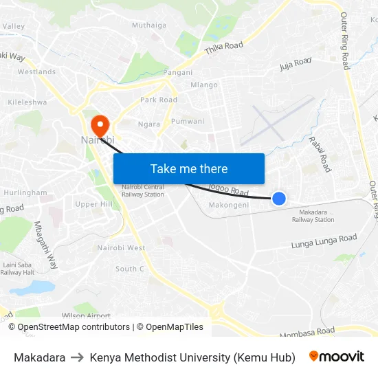 Makadara to Kenya Methodist University (Kemu Hub) map