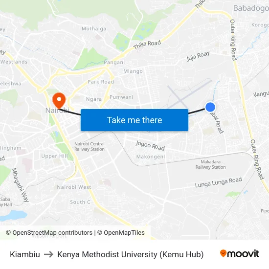Kiambiu to Kenya Methodist University (Kemu Hub) map