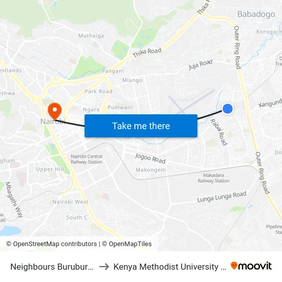 Neighbours Buruburu Phase 1 to Kenya Methodist University (Kemu Hub) map