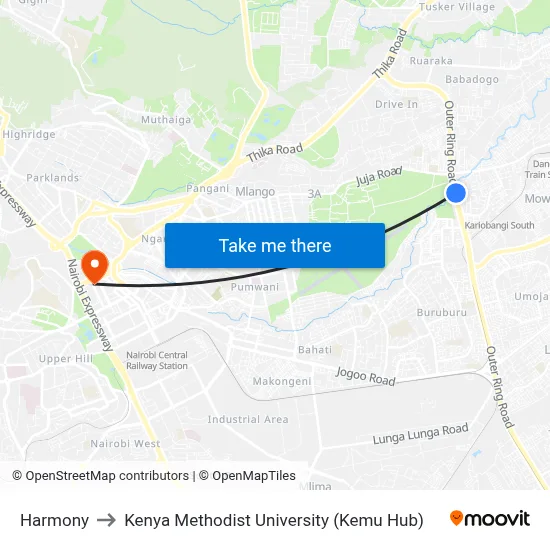 Harmony to Kenya Methodist University (Kemu Hub) map