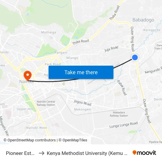 Pioneer Estate to Kenya Methodist University (Kemu Hub) map
