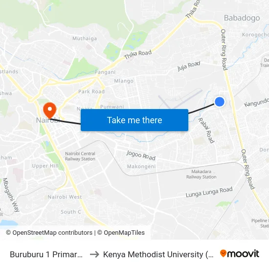 Buruburu 1 Primary School to Kenya Methodist University (Kemu Hub) map