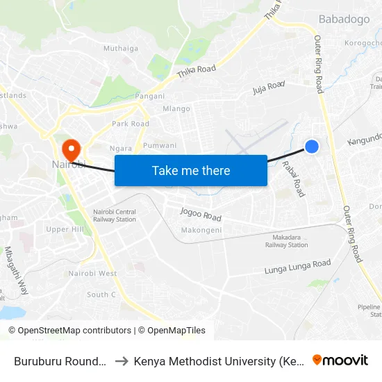 Buruburu Roundabout to Kenya Methodist University (Kemu Hub) map