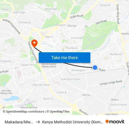Makadara/Mwisho to Kenya Methodist University (Kemu Hub) map