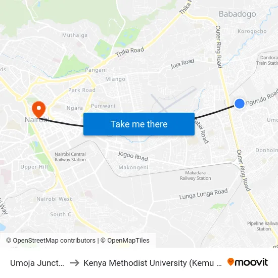 Umoja Junction to Kenya Methodist University (Kemu Hub) map