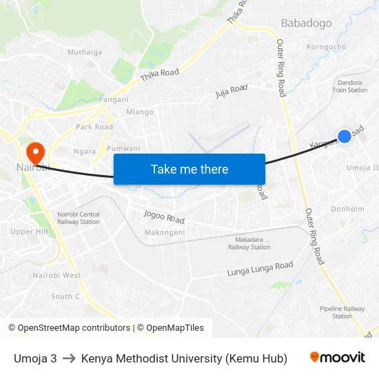 Umoja 3 to Kenya Methodist University (Kemu Hub) map