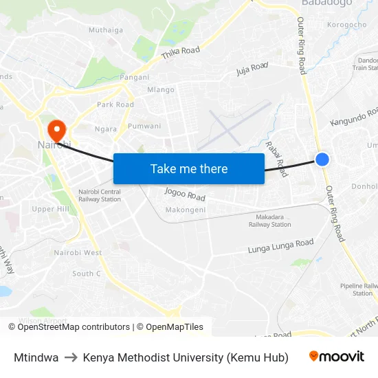 Mtindwa to Kenya Methodist University (Kemu Hub) map