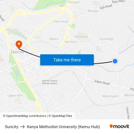 Suncity to Kenya Methodist University (Kemu Hub) map