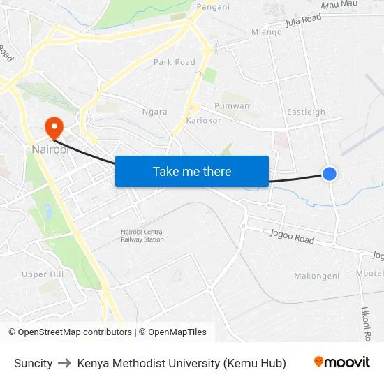 Suncity to Kenya Methodist University (Kemu Hub) map