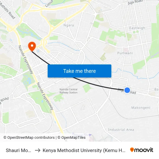 Shauri Moyo to Kenya Methodist University (Kemu Hub) map