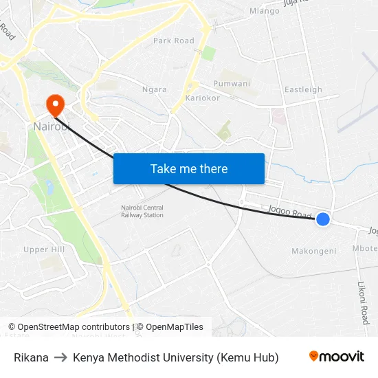 Rikana to Kenya Methodist University (Kemu Hub) map