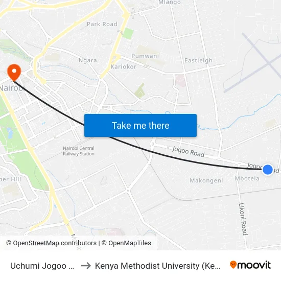Uchumi Jogoo Road to Kenya Methodist University (Kemu Hub) map