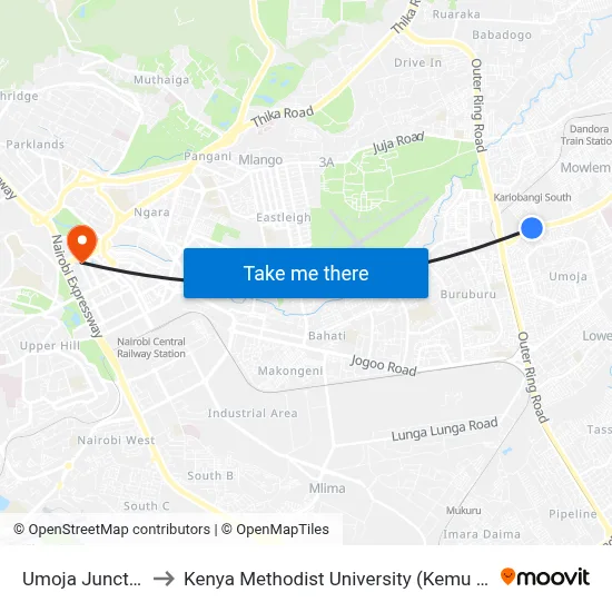 Umoja Junction to Kenya Methodist University (Kemu Hub) map