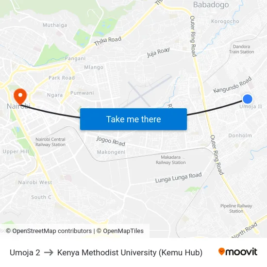 Umoja 2 to Kenya Methodist University (Kemu Hub) map