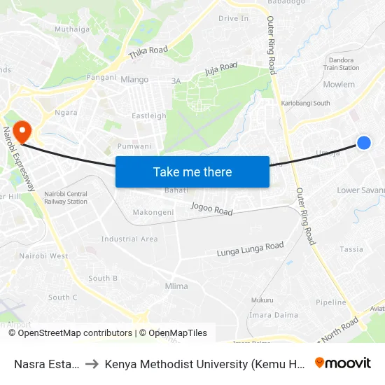 Nasra Estate to Kenya Methodist University (Kemu Hub) map
