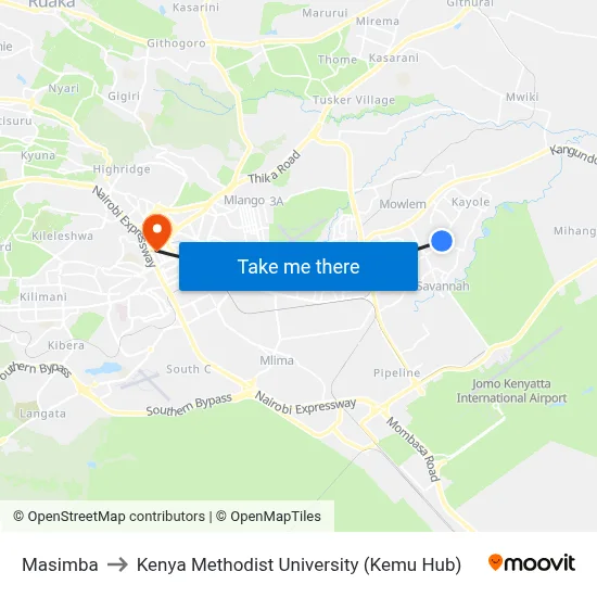 Masimba to Kenya Methodist University (Kemu Hub) map