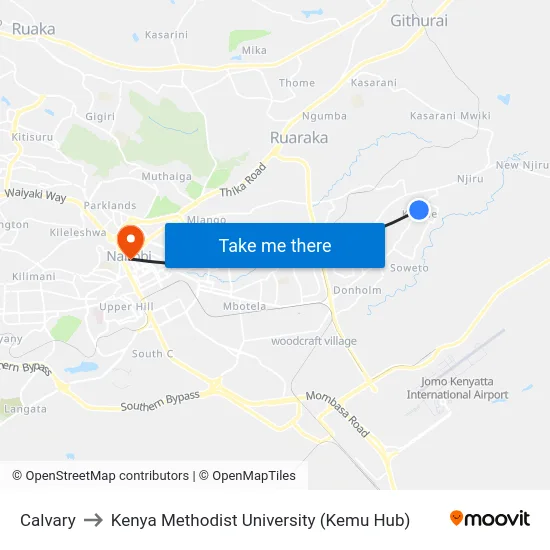 Calvary to Kenya Methodist University (Kemu Hub) map