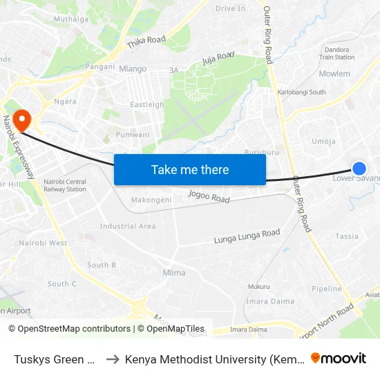 Tuskys Green Span to Kenya Methodist University (Kemu Hub) map