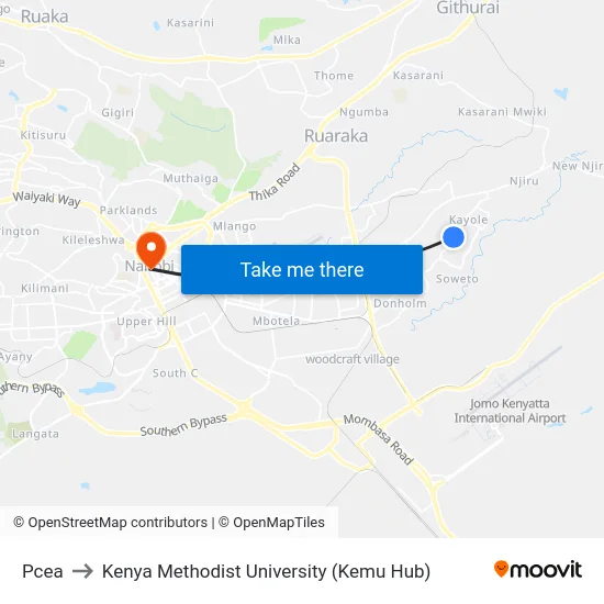 Pcea to Kenya Methodist University (Kemu Hub) map