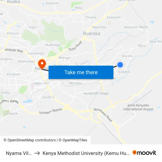 Nyama Villa to Kenya Methodist University (Kemu Hub) map