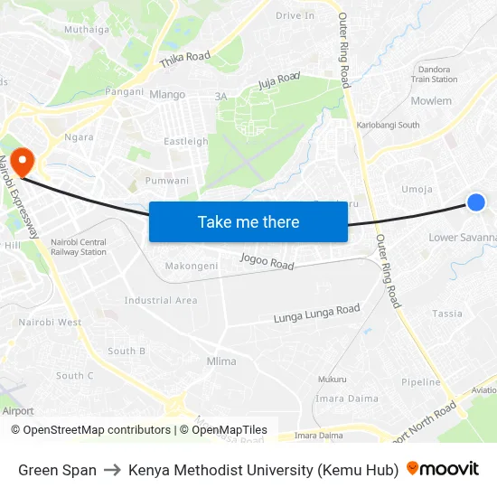 Green Span to Kenya Methodist University (Kemu Hub) map