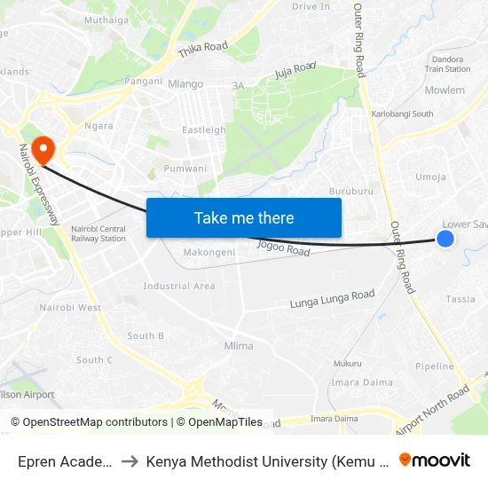 Epren Academy to Kenya Methodist University (Kemu Hub) map