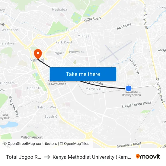 Total Jogoo Road to Kenya Methodist University (Kemu Hub) map