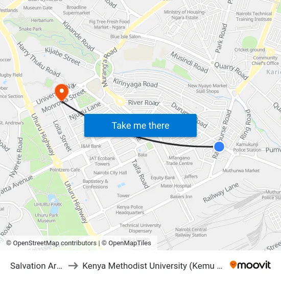 Salvation Army to Kenya Methodist University (Kemu Hub) map