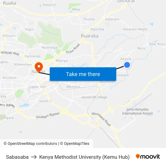Sabasaba to Kenya Methodist University (Kemu Hub) map