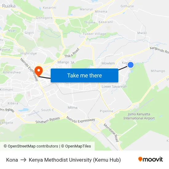Kona to Kenya Methodist University (Kemu Hub) map