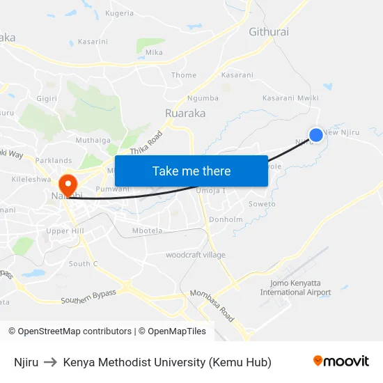 Njiru to Kenya Methodist University (Kemu Hub) map