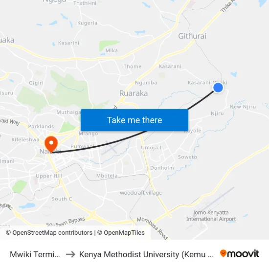 Mwiki Terminal to Kenya Methodist University (Kemu Hub) map