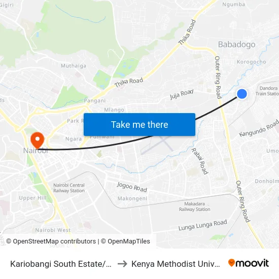 Kariobangi South Estate/Deliverance Church to Kenya Methodist University (Kemu Hub) map