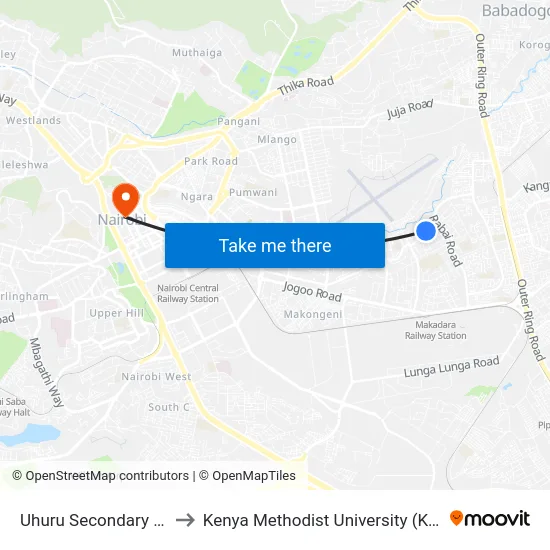 Uhuru Secondary School to Kenya Methodist University (Kemu Hub) map