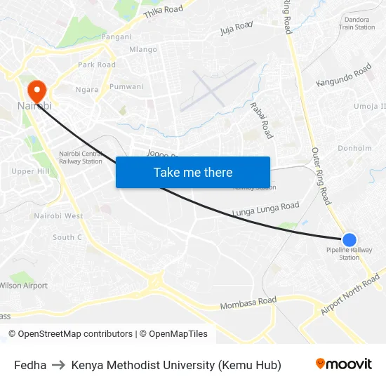 Fedha to Kenya Methodist University (Kemu Hub) map