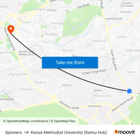 Spinners to Kenya Methodist University (Kemu Hub) map