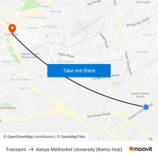 Transami to Kenya Methodist University (Kemu Hub) map