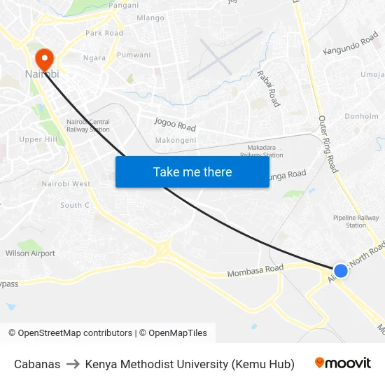 Cabanas to Kenya Methodist University (Kemu Hub) map