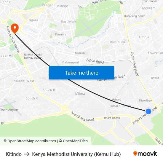 Kitindo to Kenya Methodist University (Kemu Hub) map
