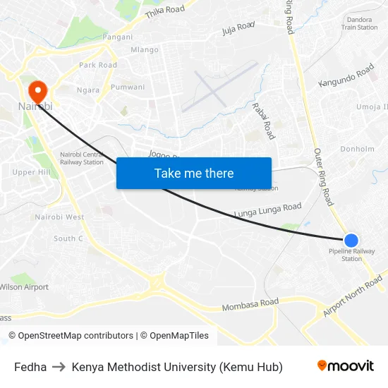 Fedha to Kenya Methodist University (Kemu Hub) map