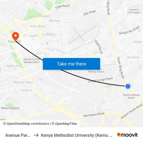 Avenue Park 2 to Kenya Methodist University (Kemu Hub) map