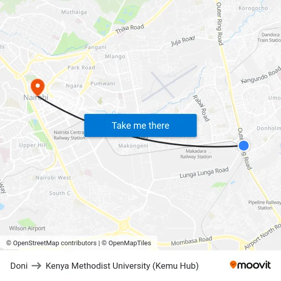 Doni to Kenya Methodist University (Kemu Hub) map