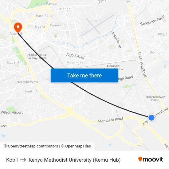 Kobil to Kenya Methodist University (Kemu Hub) map