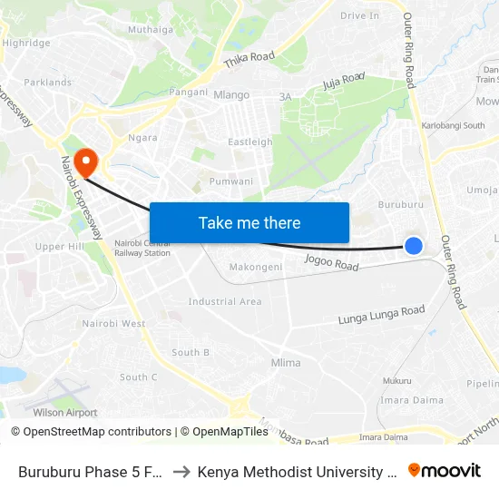 Buruburu Phase 5 Favourites to Kenya Methodist University (Kemu Hub) map