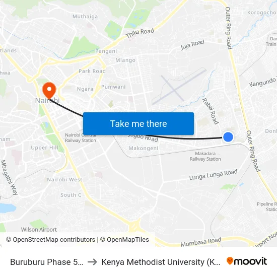 Buruburu Phase 5 Stage to Kenya Methodist University (Kemu Hub) map