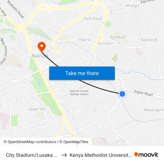 City Stadium/Lusaka Road Junctn to Kenya Methodist University (Kemu Hub) map