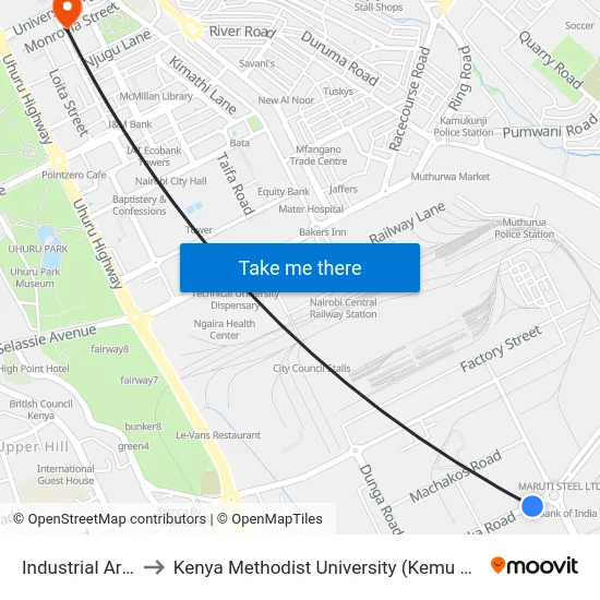 Industrial Area to Kenya Methodist University (Kemu Hub) map