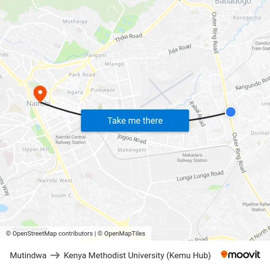 Mutindwa to Kenya Methodist University (Kemu Hub) map