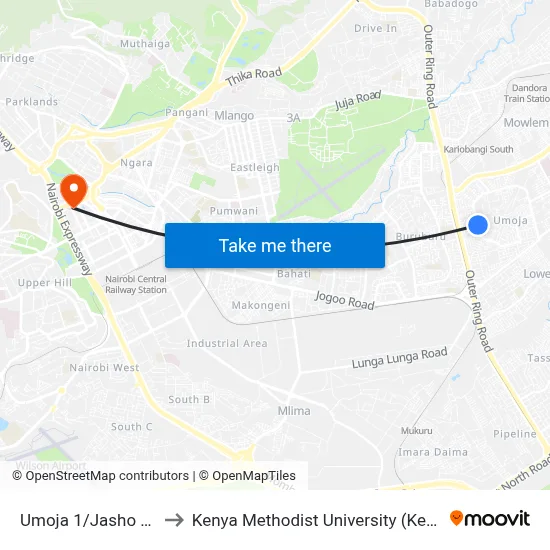 Umoja 1/Jasho Stage to Kenya Methodist University (Kemu Hub) map