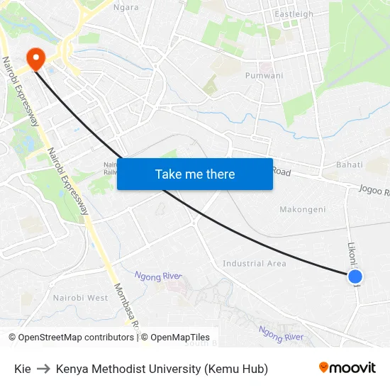 Kie to Kenya Methodist University (Kemu Hub) map